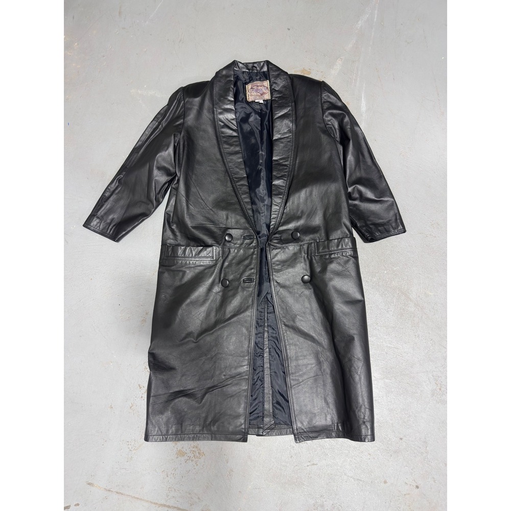 Vintage 80s International Leather Collection Black Trench Coat Made in Korea